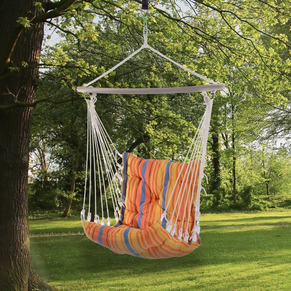 Outsunny Garden Yard Patio Swing Seat, Hanging Hammock Chair, Cotton Rope Cushioned, Wooden Cotton Cloth, Orange Aosom UK