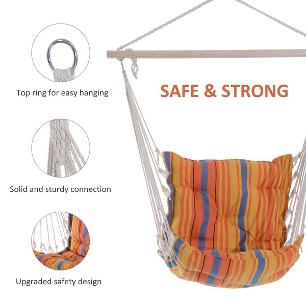 Outsunny Garden Yard Patio Swing Seat, Hanging Hammock Chair, Cotton Rope Cushioned, Wooden Cotton Cloth, Orange Aosom UK