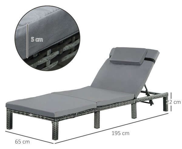 Outsunny 2 Pieces Outdoor PE Rattan Sun Loungers set of 2 with Cushion, Garden Wicker Sunbed Furniture with 5-Level Recliner Backrest, Grey