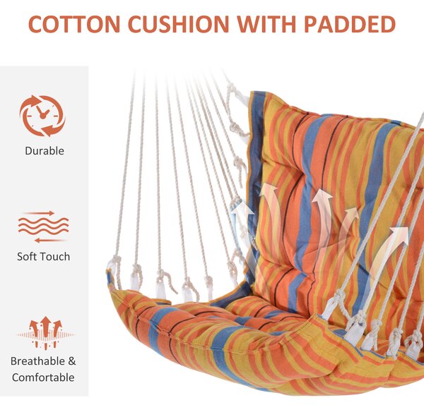 Outsunny Garden Yard Patio Swing Seat, Hanging Hammock Chair, Cotton Rope Cushioned, Wooden Cotton Cloth, Orange Aosom UK