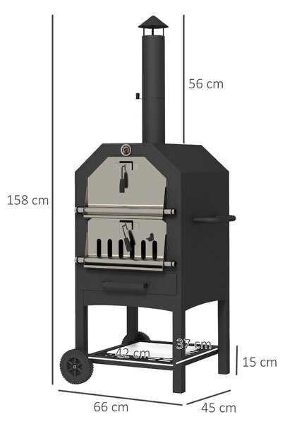Outsunny Steel 3-Tier Outdoor Pizza Oven Charcoal BBQ Grill, Black