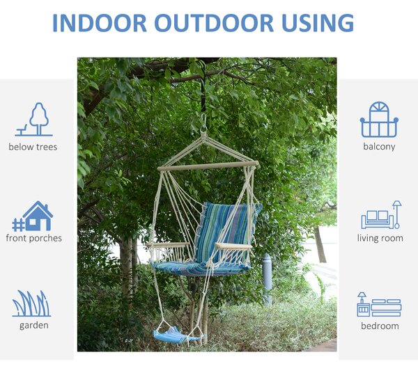 Outsunny Patio Swing Seat: Outdoor Hammock Hanging Chair, Wooden with Footrest, Armrest & Cotton Cloth, Blue
