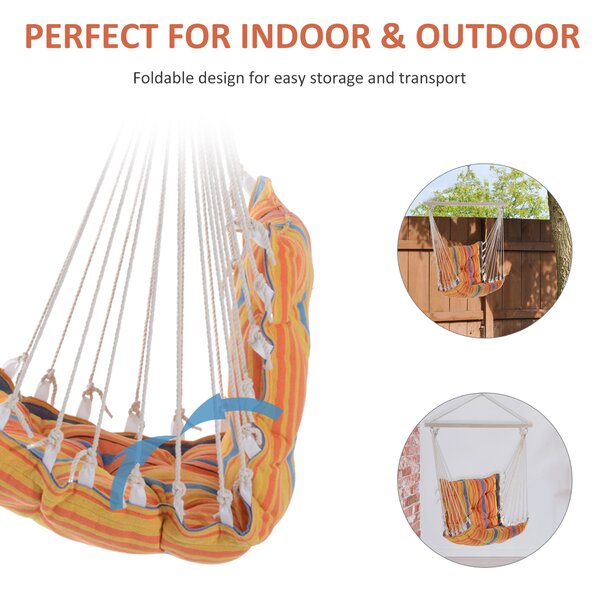 Outsunny Garden Yard Patio Swing Seat, Hanging Hammock Chair, Cotton Rope Cushioned, Wooden Cotton Cloth, Orange Aosom UK