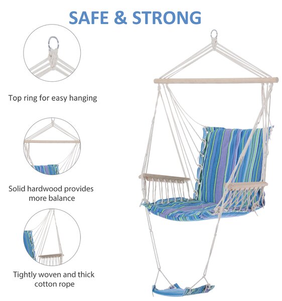 Outsunny Patio Swing Seat: Outdoor Hammock Hanging Chair, Wooden with Footrest, Armrest & Cotton Cloth, Blue