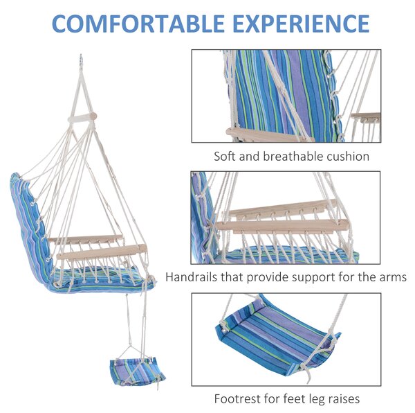 Outsunny Patio Swing Seat: Outdoor Hammock Hanging Chair, Wooden with Footrest, Armrest & Cotton Cloth, Blue