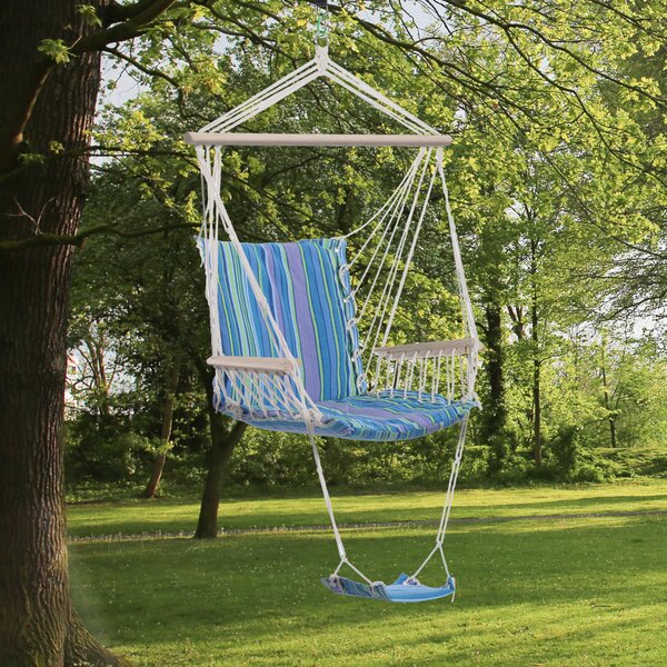Outsunny Patio Swing Seat: Outdoor Hammock Hanging Chair, Wooden with Footrest, Armrest & Cotton Cloth, Blue