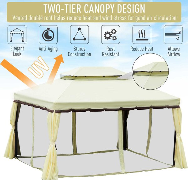 Outsunny 3 x 4 m Aluminium Metal Gazebo Marquee Canopy Pavilion Patio Garden Party Tent Shelter with Nets and Sidewalls - Cream White