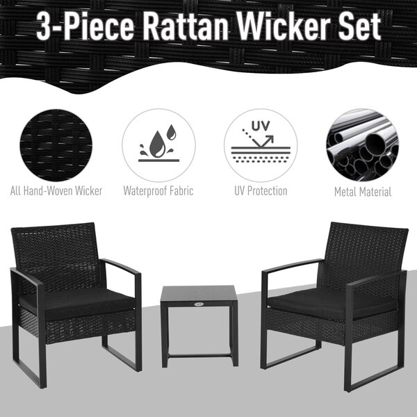 Outsunny Waterproof Rattan Patio Lounge Set: 2 Seater Wicker Sofa, Coffee Table & Chairs, Conservatory Furniture, Black Aosom UK