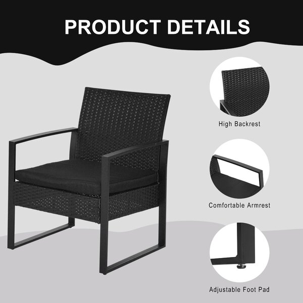 Outsunny Waterproof Rattan Patio Lounge Set: 2 Seater Wicker Sofa, Coffee Table & Chairs, Conservatory Furniture, Black Aosom UK