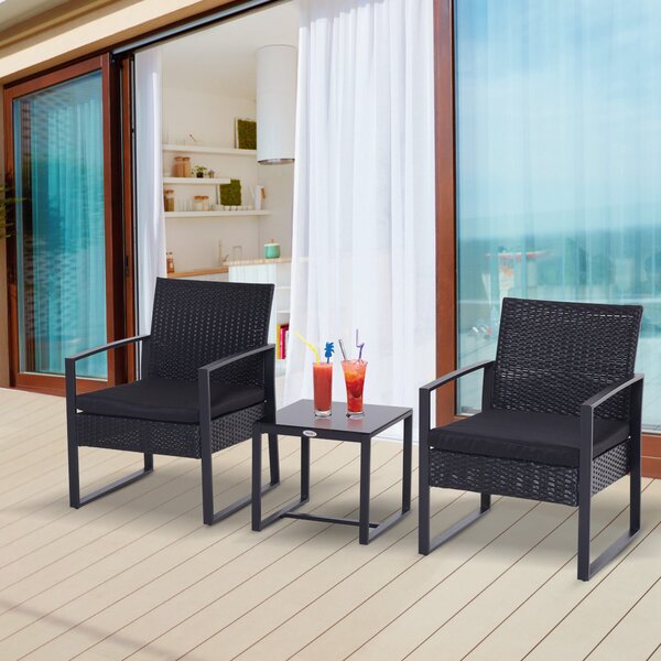 Outsunny Waterproof Rattan Patio Lounge Set: 2 Seater Wicker Sofa, Coffee Table & Chairs, Conservatory Furniture, Black Aosom UK