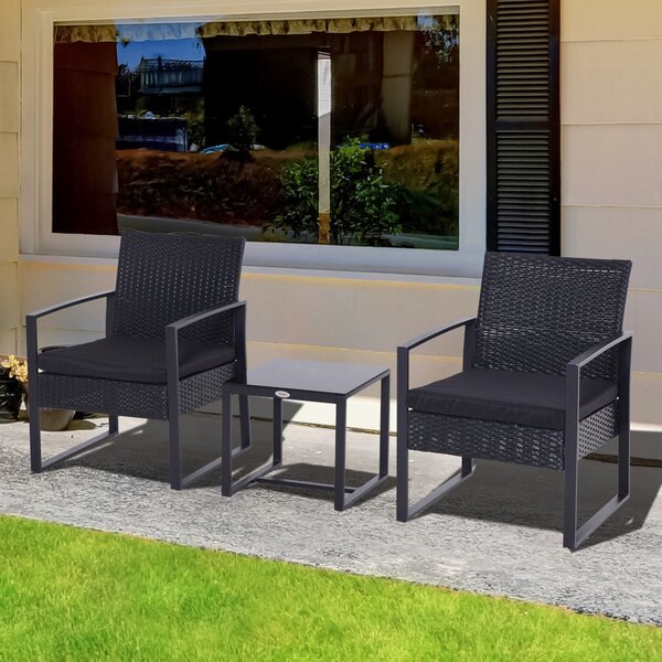 Outsunny Waterproof Rattan Patio Lounge Set: 2 Seater Wicker Sofa, Coffee Table & Chairs, Conservatory Furniture, Black Aosom UK