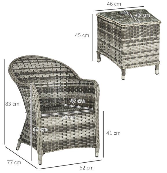 Outsunny Modern 3 PCS Rattan Bistro Set, Patio Aluminium Balcony Furniture with Soft Cushions & Glass Top Table for Garden, Backyard, Grey Aosom UK