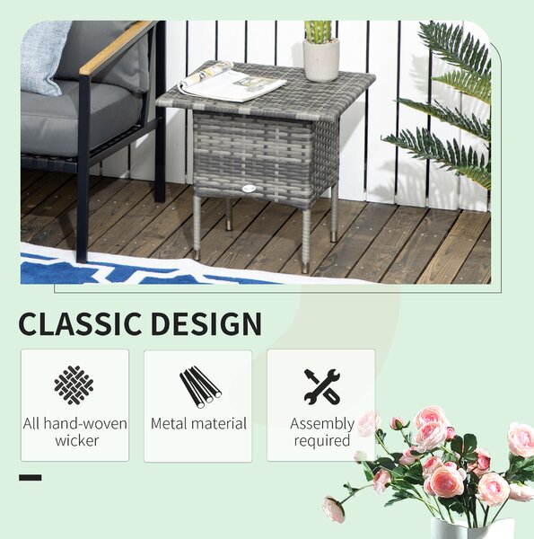 Outsunny Rattan Side Table, Outdoor Coffee Table, with Plastic Board Under the Full Woven Table Top for Patio, Garden, Balcony, Mixed Grey