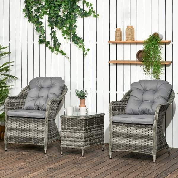 Outsunny Modern 3 PCS Rattan Bistro Set, Patio Aluminium Balcony Furniture with Soft Cushions & Glass Top Table for Garden, Backyard, Grey Aosom UK