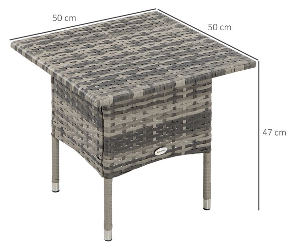 Outsunny Rattan Side Table, Outdoor Coffee Table, with Plastic Board Under the Full Woven Table Top for Patio, Garden, Balcony, Mixed Grey