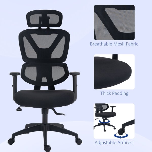 Vinsetto Ergonomic Office Chair, Mesh, Height Adjustable, Lumbar Support, w/ Swivel Casters & Headrest, Ebony Black Aosom UK