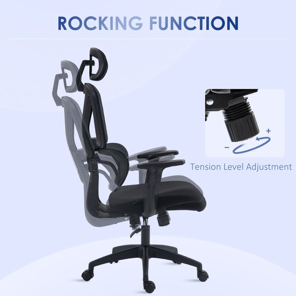 Vinsetto Ergonomic Office Chair, Mesh, Height Adjustable, Lumbar Support, w/ Swivel Casters & Headrest, Ebony Black Aosom UK