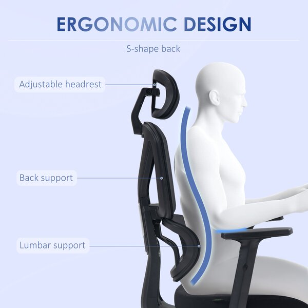 Vinsetto Ergonomic Office Chair, Mesh, Height Adjustable, Lumbar Support, w/ Swivel Casters & Headrest, Ebony Black Aosom UK