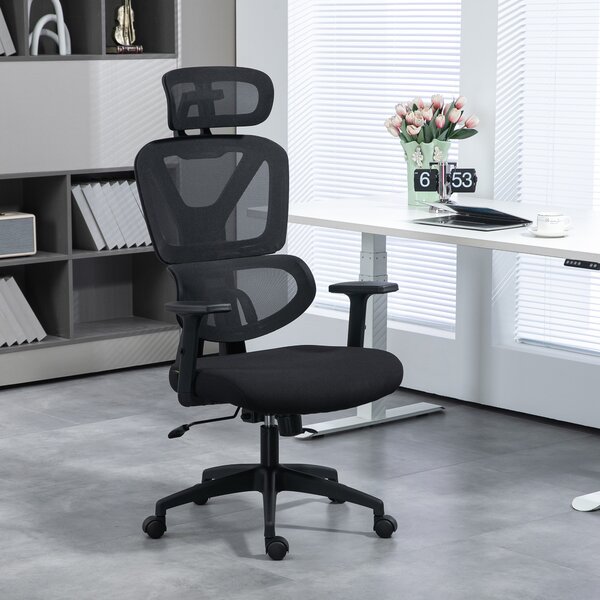 Vinsetto Ergonomic Office Chair, Mesh, Height Adjustable, Lumbar Support, w/ Swivel Casters & Headrest, Ebony Black Aosom UK