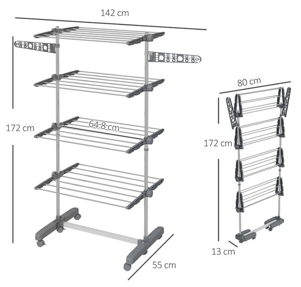 HOMCOM 4-Tier Clothes Airer, Foldable Clothes Drying Rack, Stainless Steel Clothes Dryer with Wheels & Wings, Easy Assembly Aosom UK
