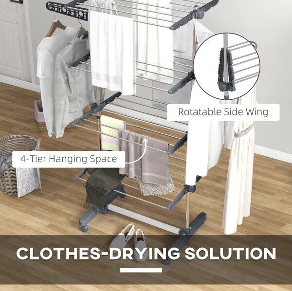 HOMCOM 4-Tier Clothes Airer, Foldable Clothes Drying Rack, Stainless Steel Clothes Dryer with Wheels & Wings, Easy Assembly Aosom UK