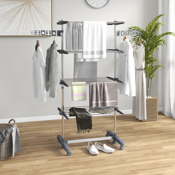 HOMCOM 4-Tier Clothes Airer, Foldable Clothes Drying Rack, Stainless Steel Clothes Dryer with Wheels & Wings, Easy Assembly Aosom UK