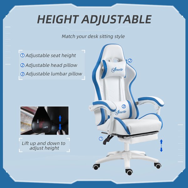 Vinsetto Racing Gaming Chair, Reclining PU Leather Computer Chair w/ 360° Swivel Seat, Footrest, Removable Headrest & Lumber Support, White Aosom UK