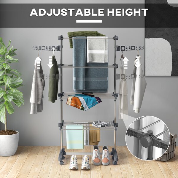 HOMCOM 4-Tier Clothes Airer, Foldable Clothes Drying Rack, Stainless Steel Clothes Dryer with Wheels & Wings, Easy Assembly Aosom UK