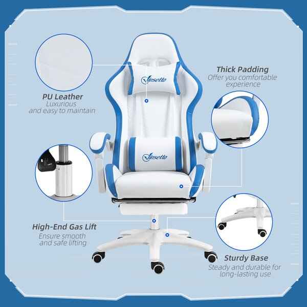 Vinsetto Racing Gaming Chair, Reclining PU Leather Computer Chair w/ 360° Swivel Seat, Footrest, Removable Headrest & Lumber Support, White Aosom UK