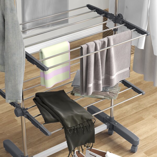 HOMCOM 4-Tier Clothes Airer, Foldable Clothes Drying Rack, Stainless Steel Clothes Dryer with Wheels & Wings, Easy Assembly Aosom UK