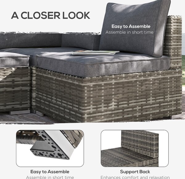 Outsunny Outdoor Garden Furniture Rattan Single Middle Sofa with Cushions for Backyard Porch Garden Poolside Deep Grey