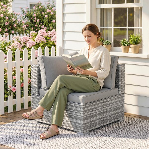 Outsunny PE Rattan Wicker Corner Sofa Garden Furniture Single Sofa Chair w/ Cushions, Grey