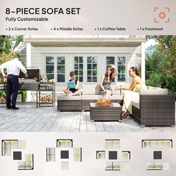 Outsunny 8pc Rattan Corner Sofa Set Rattan Garden Furniture with Thick Cushions and Glass Top Table, Mixed Brown Aosom UK