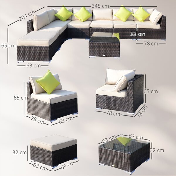 Outsunny 8pc Rattan Corner Sofa Set Rattan Garden Furniture with Thick Cushions and Glass Top Table, Mixed Brown Aosom UK