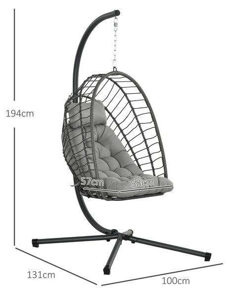 Outsunny Outdoor PE Rattan Swing Chair with Thick Padded Cushion, Foldable Basket Patio Hanging Chair with Metal Stand, Headrest