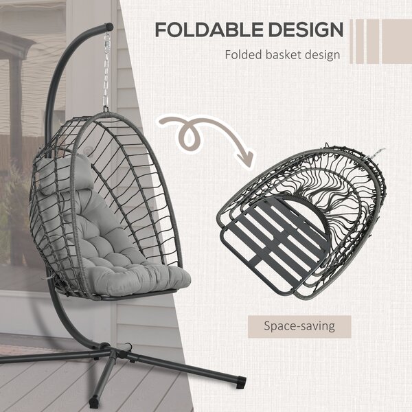 Outsunny Outdoor PE Rattan Swing Chair with Thick Padded Cushion, Foldable Basket Patio Hanging Chair with Metal Stand, Headrest