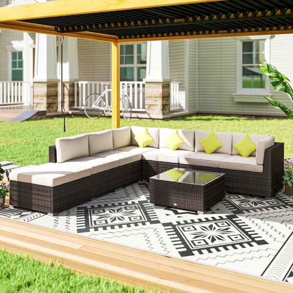 Outsunny 8pc Rattan Corner Sofa Set Rattan Garden Furniture with Thick Cushions and Glass Top Table, Mixed Brown Aosom UK