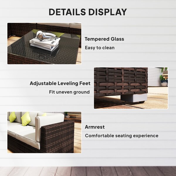 Outsunny 8pc Rattan Corner Sofa Set Rattan Garden Furniture with Thick Cushions and Glass Top Table, Mixed Brown Aosom UK