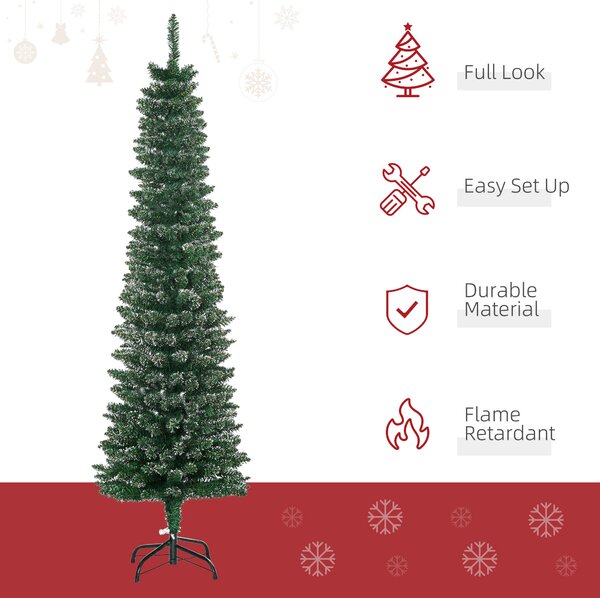 HOMCOM 5.5FT Artificial Snow Dipped Christmas Tree Xmas Pencil Tree Holiday Home Indoor Decoration with Foldable Black Stand, Green Aosom UK