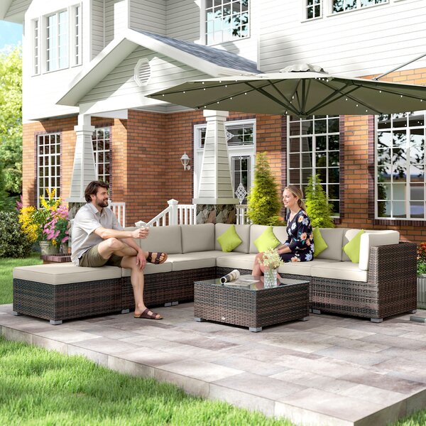 Outsunny 8pc Rattan Corner Sofa Set Rattan Garden Furniture with Thick Cushions and Glass Top Table, Mixed Brown Aosom UK