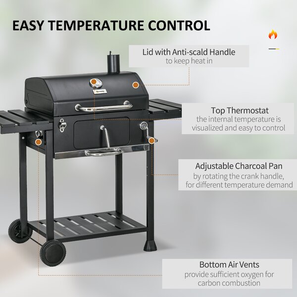 Outsunny Outddor Portable Charcoal BBQ Wide 120cm, with Pull-out Ash Catcher Side Hooks & Bottle Opener, Side & Bottom Shelves Aosom UK