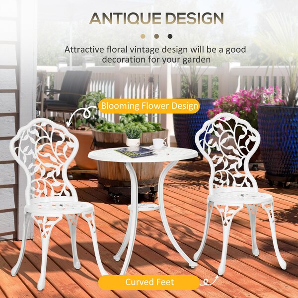 Outsunny 3 Pcs Aluminium Bistro Set Garden Furniture Dining Table Chairs Antique Outdoor Seat Patio Seater White Aosom UK
