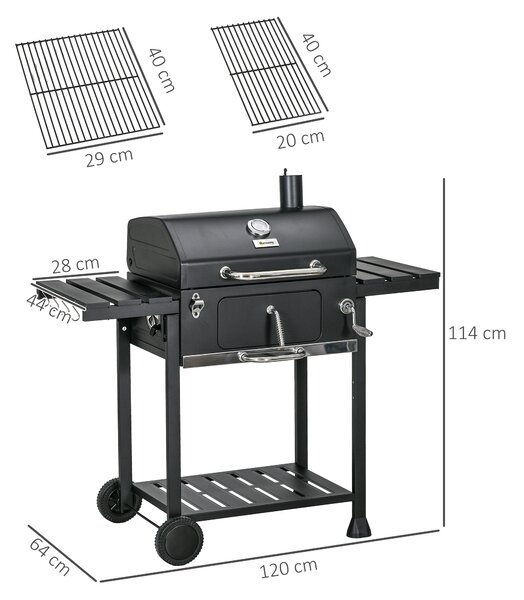 Outsunny Outddor Portable Charcoal BBQ Wide 120cm, with Pull-out Ash Catcher Side Hooks & Bottle Opener, Side & Bottom Shelves Aosom UK