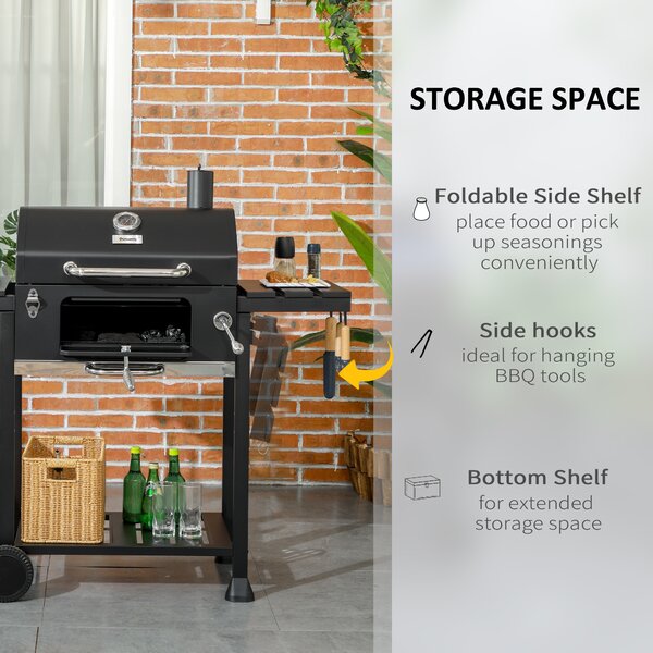 Outsunny Outddor Portable Charcoal BBQ Wide 120cm, with Pull-out Ash Catcher Side Hooks & Bottle Opener, Side & Bottom Shelves Aosom UK