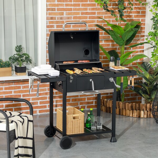 Outsunny Outddor Portable Charcoal BBQ Wide 120cm, with Pull-out Ash Catcher Side Hooks & Bottle Opener, Side & Bottom Shelves Aosom UK