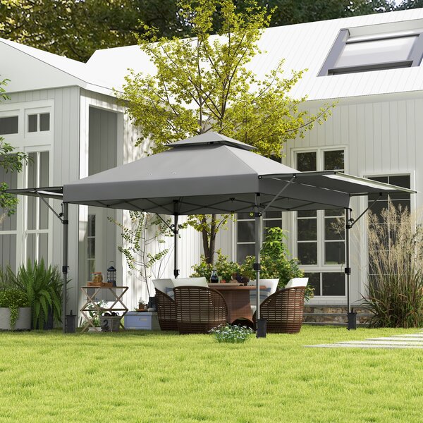 Outsunny 5 x 3(m) Pop Up Gazebo with Extend Dual Awnings, 1 Person Easy up Marquee Party Tent with 1-Button Push, Double Roof, Sandbags, Aosom UK