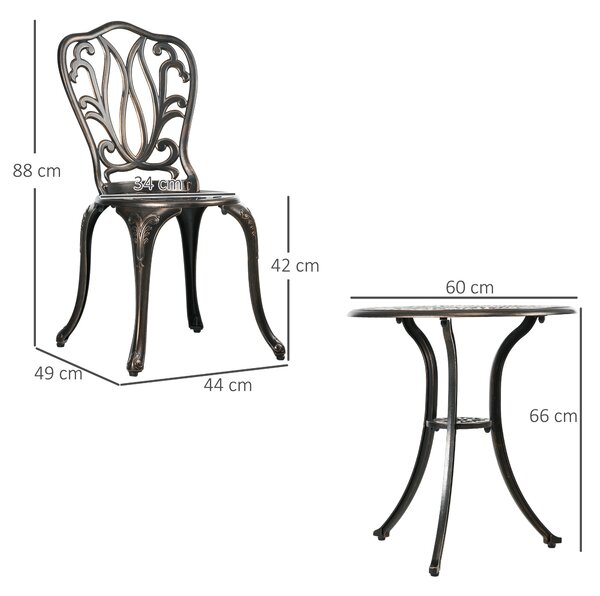 Outsunny 3 Piece Garden Bistro Set Aluminium Outdoor Furniture Set for 2 Patio Chairs and Table with Umbrella Hole Bronze Tone