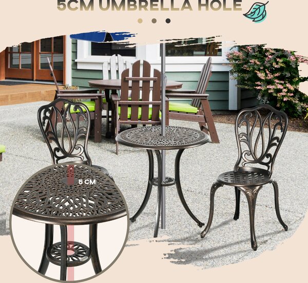 Outsunny 3 Piece Garden Bistro Set Aluminium Outdoor Furniture Set for 2 Patio Chairs and Table with Umbrella Hole Bronze Tone