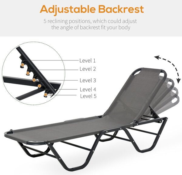 Outsunny Sun Lounger Relaxer Recliner with 5-Position Adjustable Backrest Lightweight Frame for Pool or Sun Bathing Grey Aosom UK