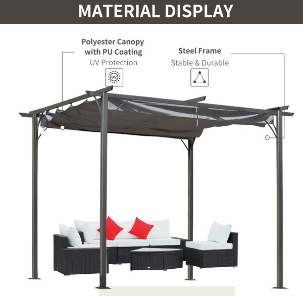 Outsunny 3 x 3m Retractable Roof Gazebo, Metal Pergola Awning Canopy for Outdoor Garden Sun Shade Shelter, Grey Aosom UK